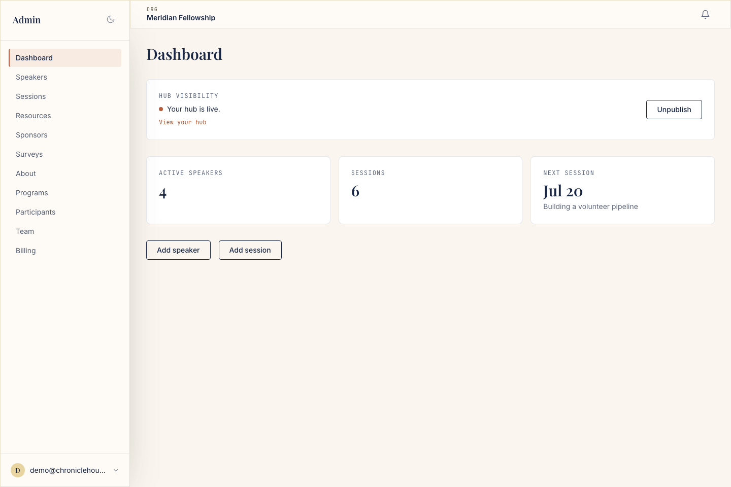 The DigiiHub admin dashboard for Meridian Fellowship, showing hub visibility, speaker and session counts, and the next session