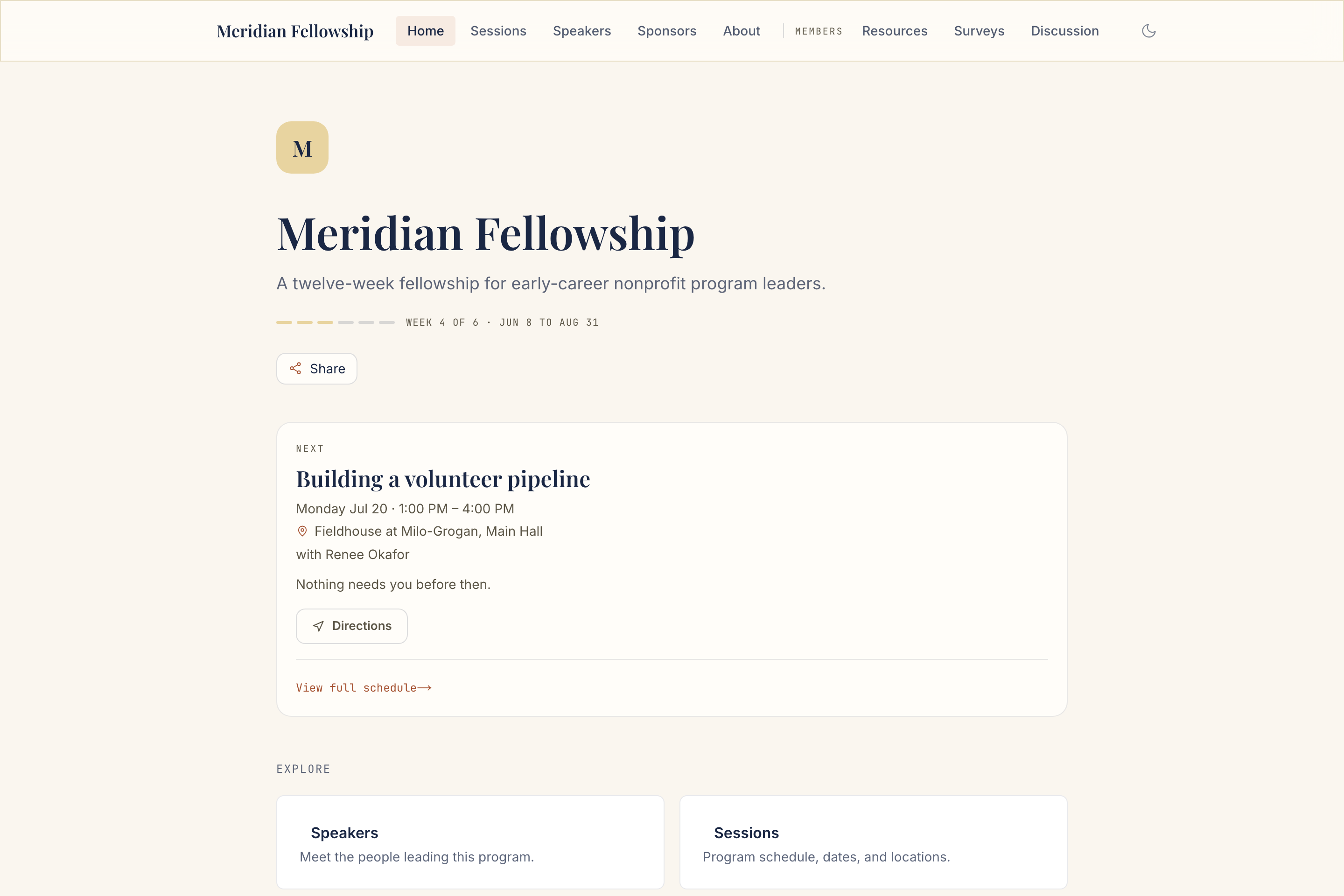 The Meridian Fellowship public hub, showing the program name, next session, and section navigation